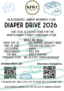 BJWC Diaper Drive 2026 Flyer Diaper Drive hosted by the Blacksburg Junior Women's Club