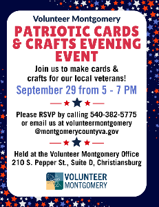 Join us on September 29 from 5-7 PM as we make patriotic cards and crafts to local Veterans. You can email or call the office if you would like to come.